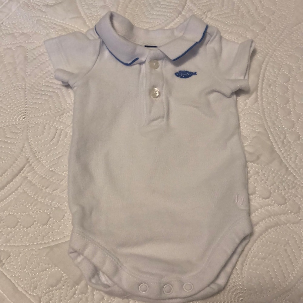 Like New Janie and Jack newborn white with light blue trim on collar polo onesie